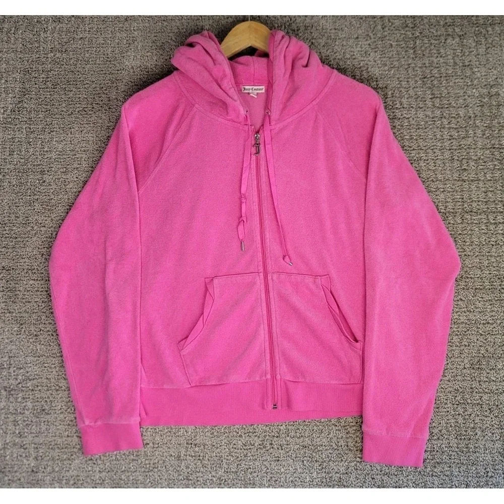 Juicy Couture XL Bright Pink Velour Zip Hoodie Jacket Y2K‎ Rhinestone Bling